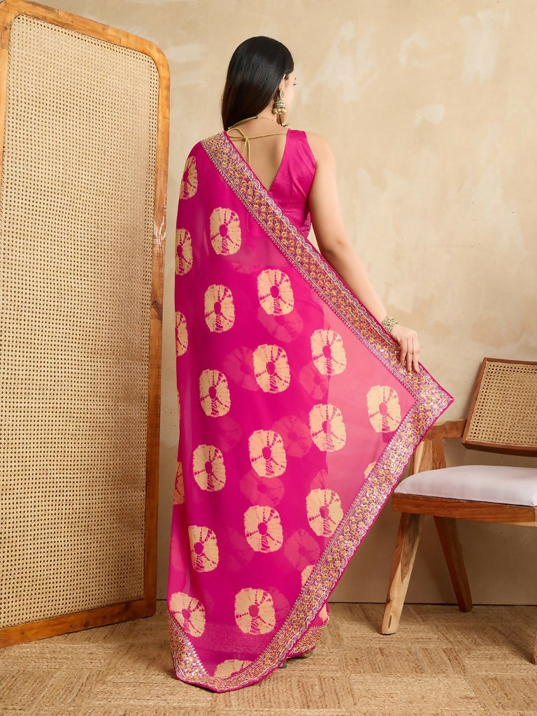 Pink Georgette Printed Designer, Embroidery Work Lace Border Saree - Aarvi