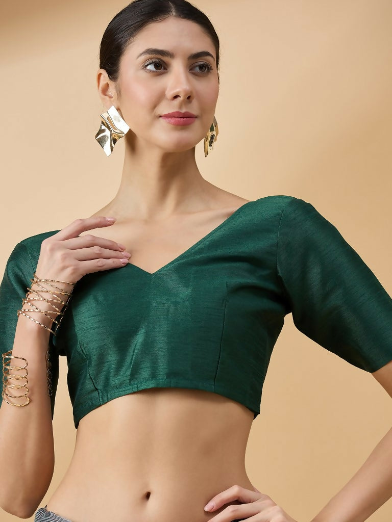 Green Cotton Blend Thread Embroidered Saree with Unstitched Blouse - Satya
