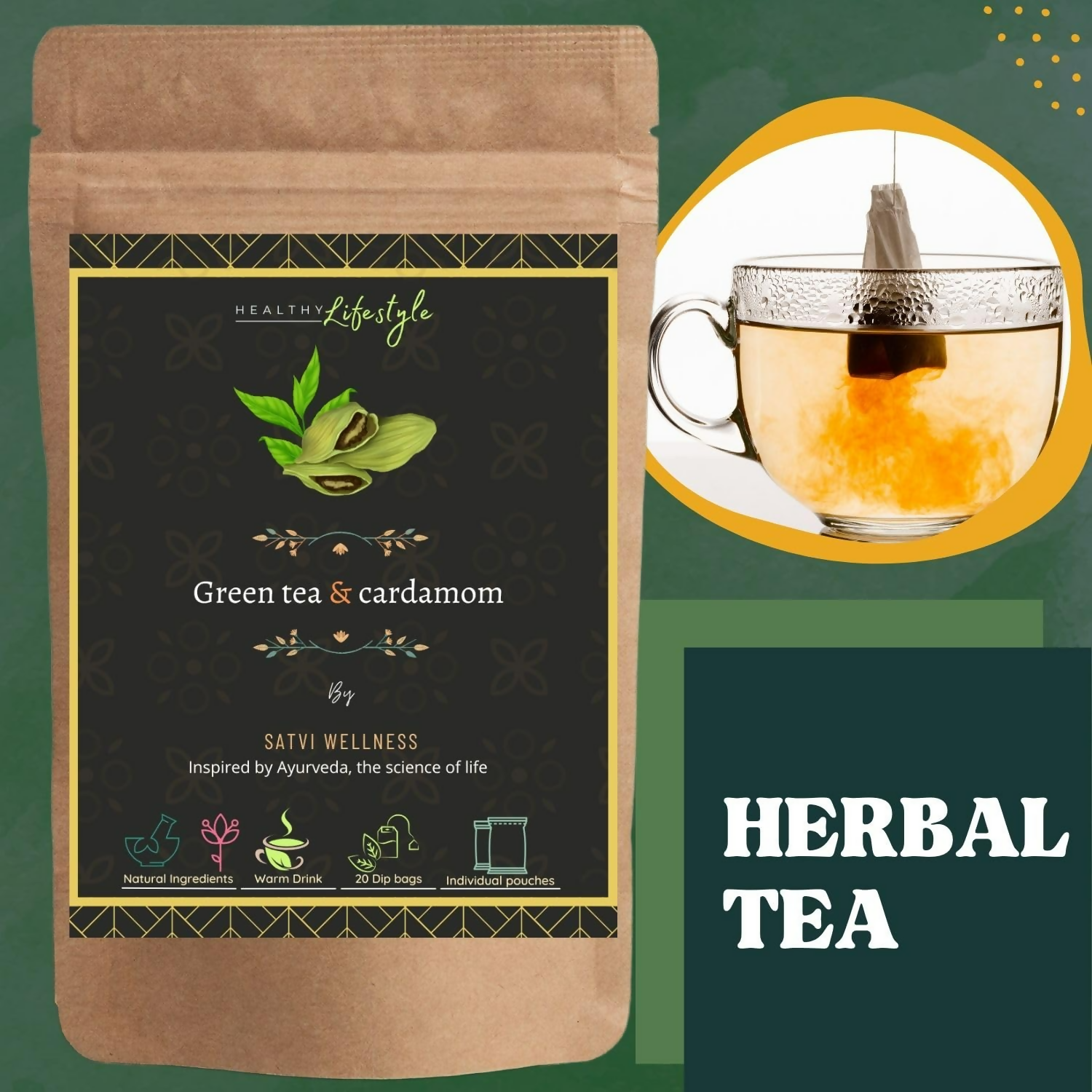 Satvi Wellness Blend Of Green Tea And Cardamon Tea Bags 