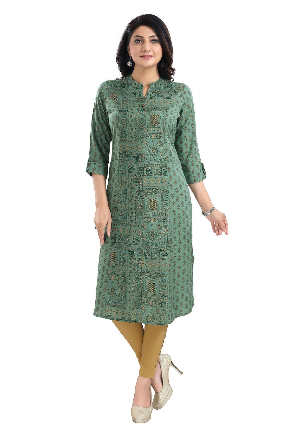 Snehal Creations Pleasing Pista Green Rayon Print Long Kurta For Women