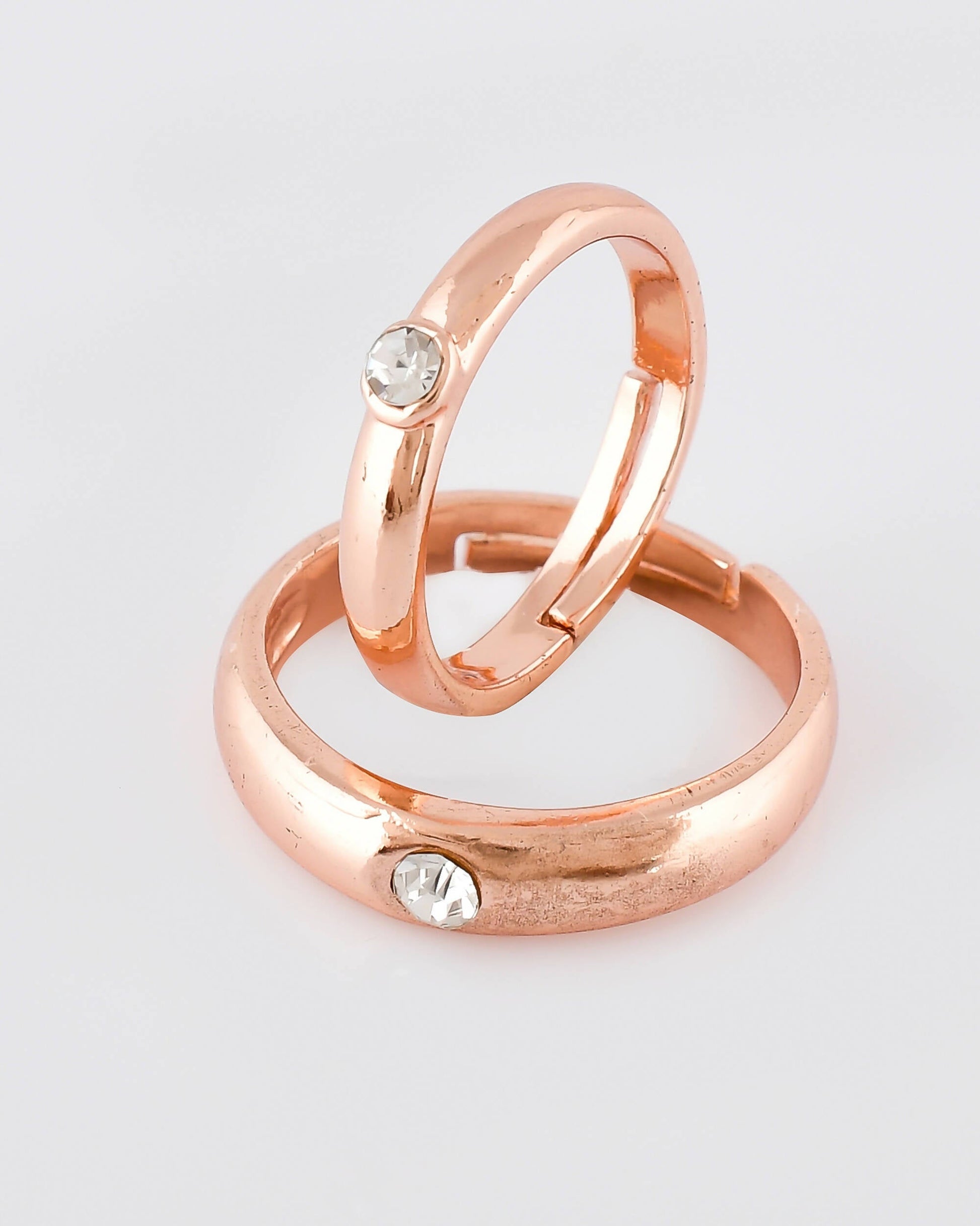 VOJ Stainless Steel Cubic Zirconia Gold-Polished Adjustable Couple Ring Set 