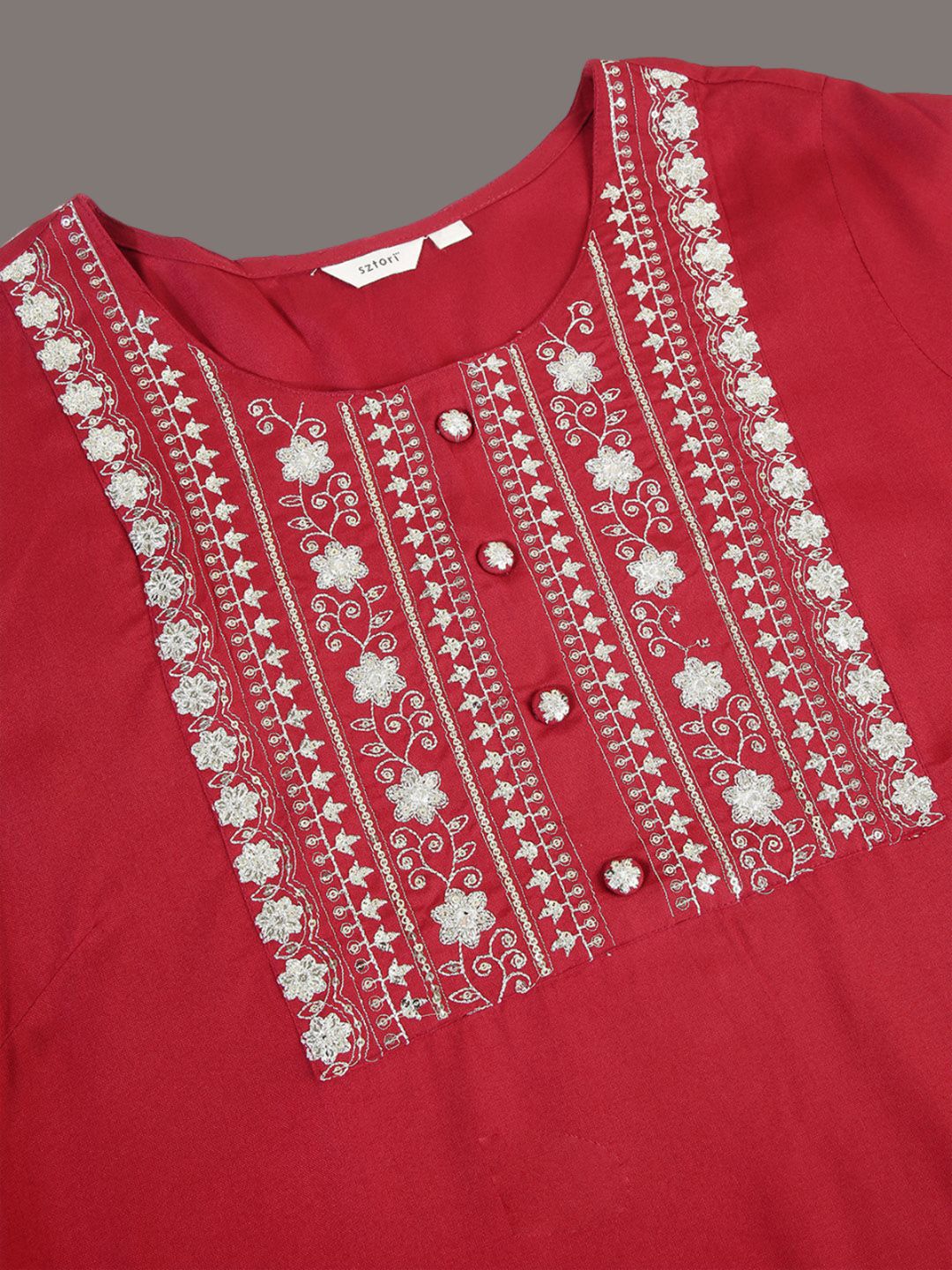 Sztori Plus Size Floral Yoke Design Mirror Work Straight Kurta