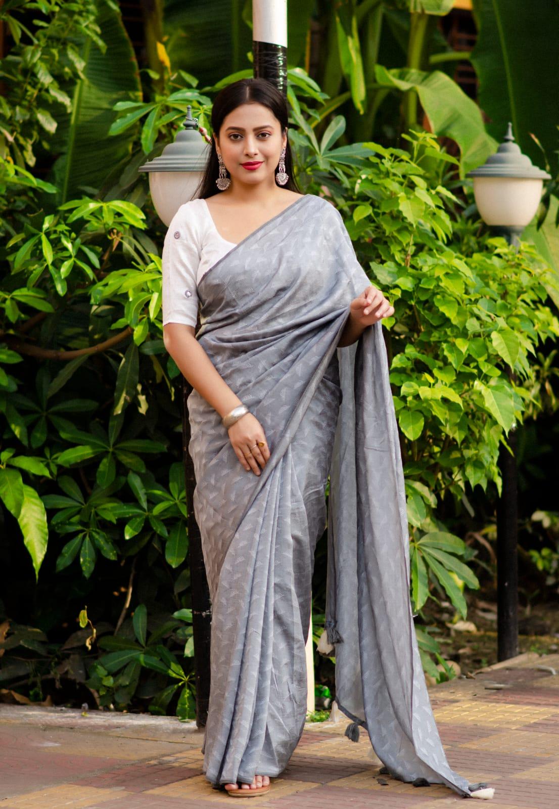 Grey Poly Georgette Woven Design Saree with Unstitched Blouse - A2M