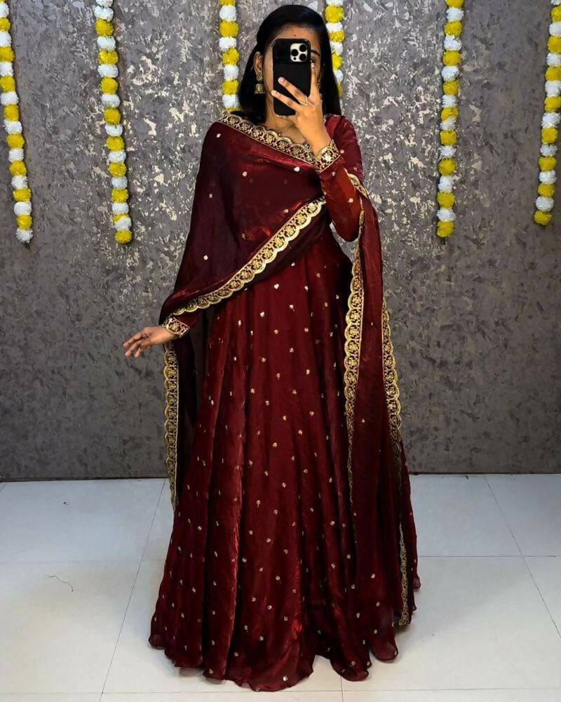 Teeya Creation Women's New Trendy Latest Designer Embroidery Anarkali Gown with Dupatta Set