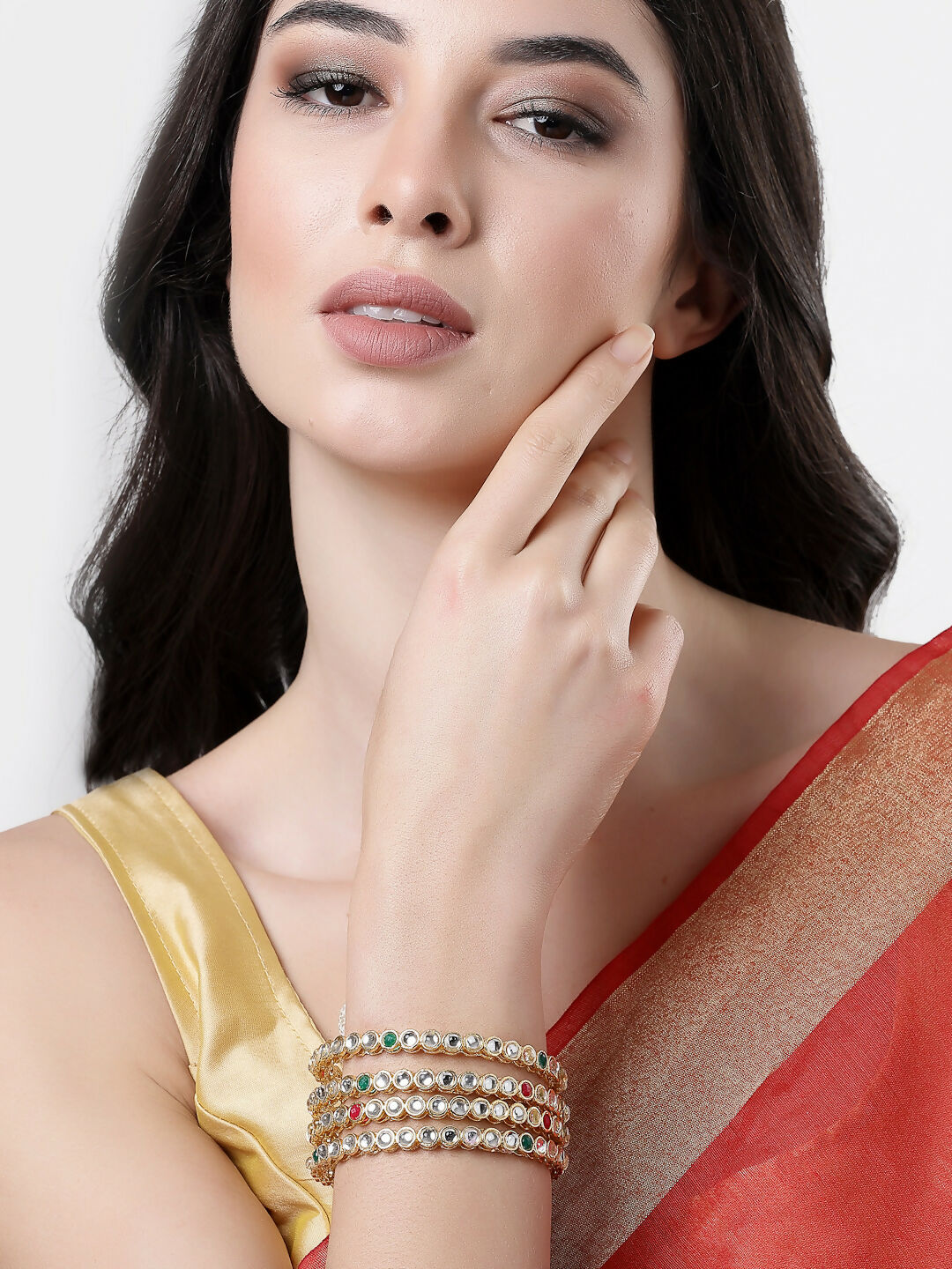 NVR Women Set of 4 Gold-Polished Kundan Studded Bangles 