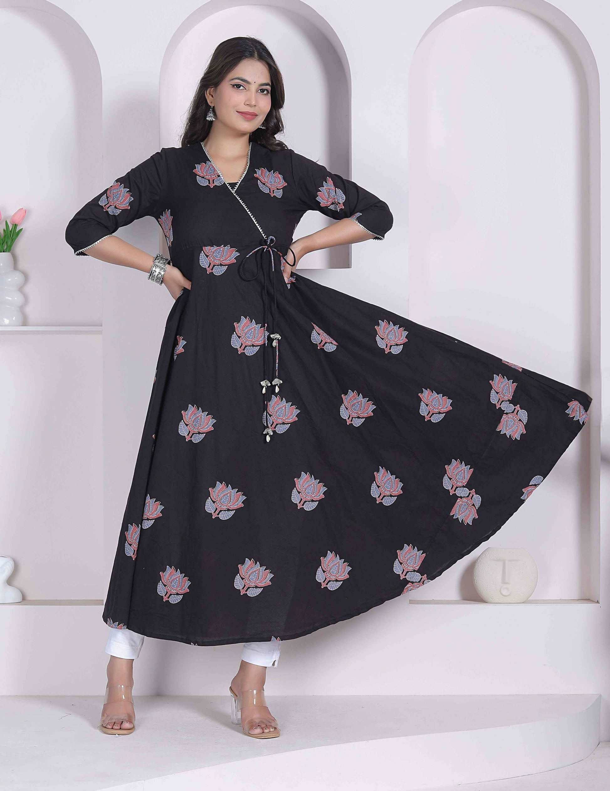 Miravan Womens Cotton Floral Print Anarkali Kurta-Black