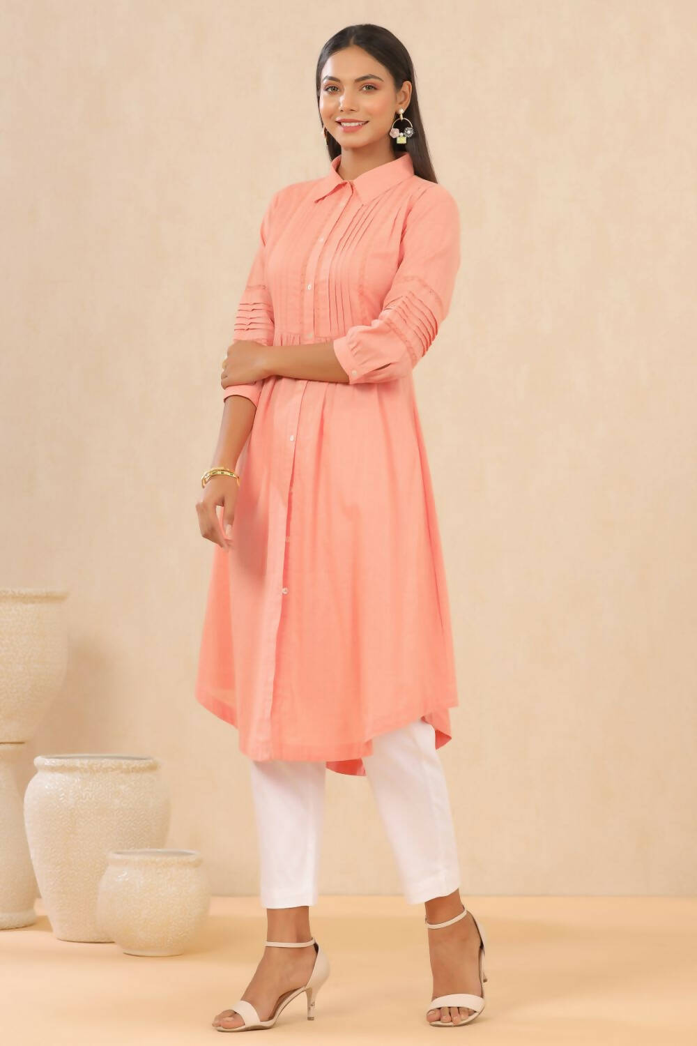 Juniper Womens Blush Pink Cotton Slub Solid Mid Length Shirt Dress With Lace Detailing
