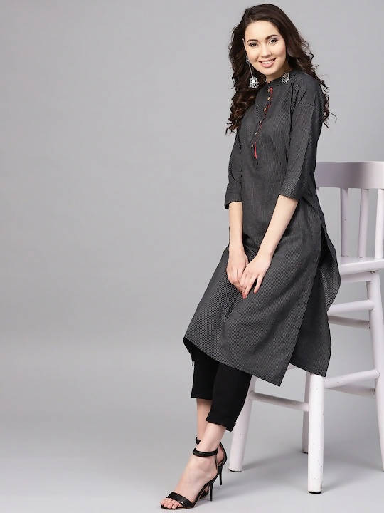 Myshka Women Black & White Striped Straight Kurta