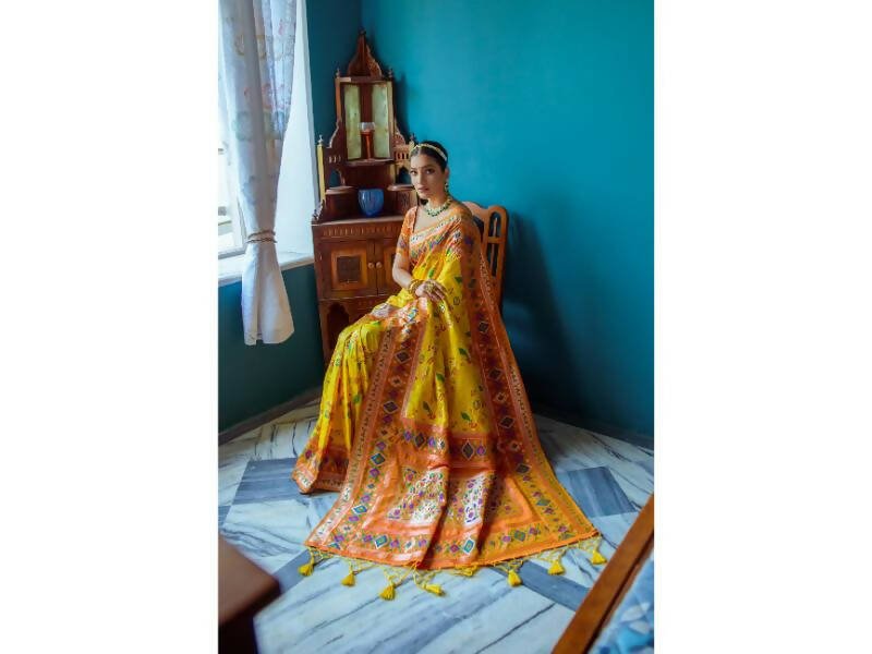 Aastha Fashion Women's Yellow Paithani Silk Meenakari Zari Woven Saree with Blouse - Grab2buy