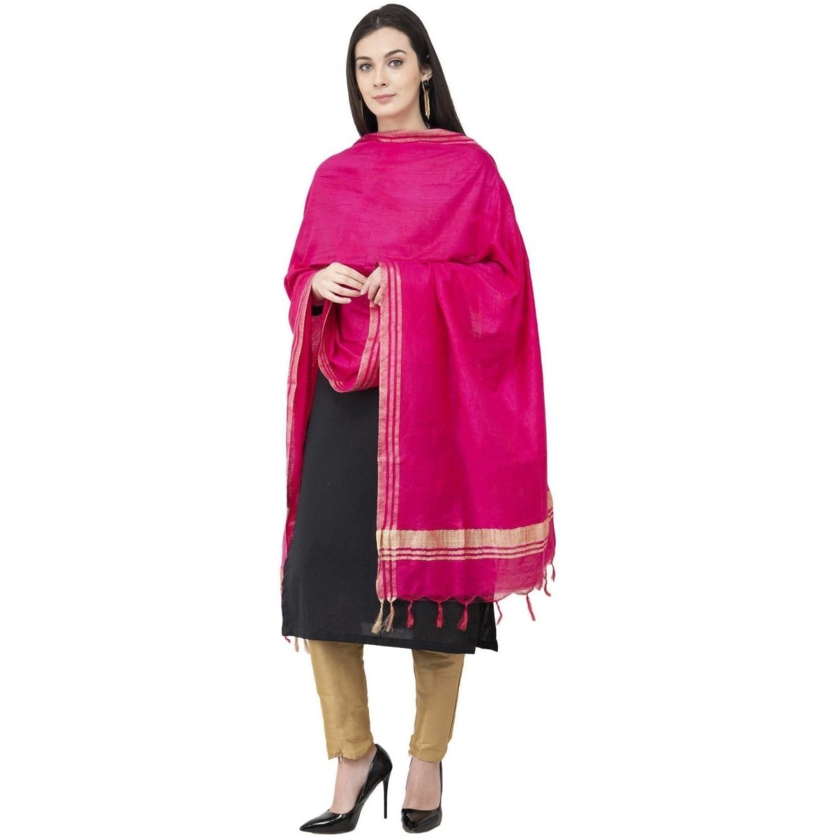 A R Silk Golden Border Regular Dupatta Dark Pink Color Dupatta or Chunni 