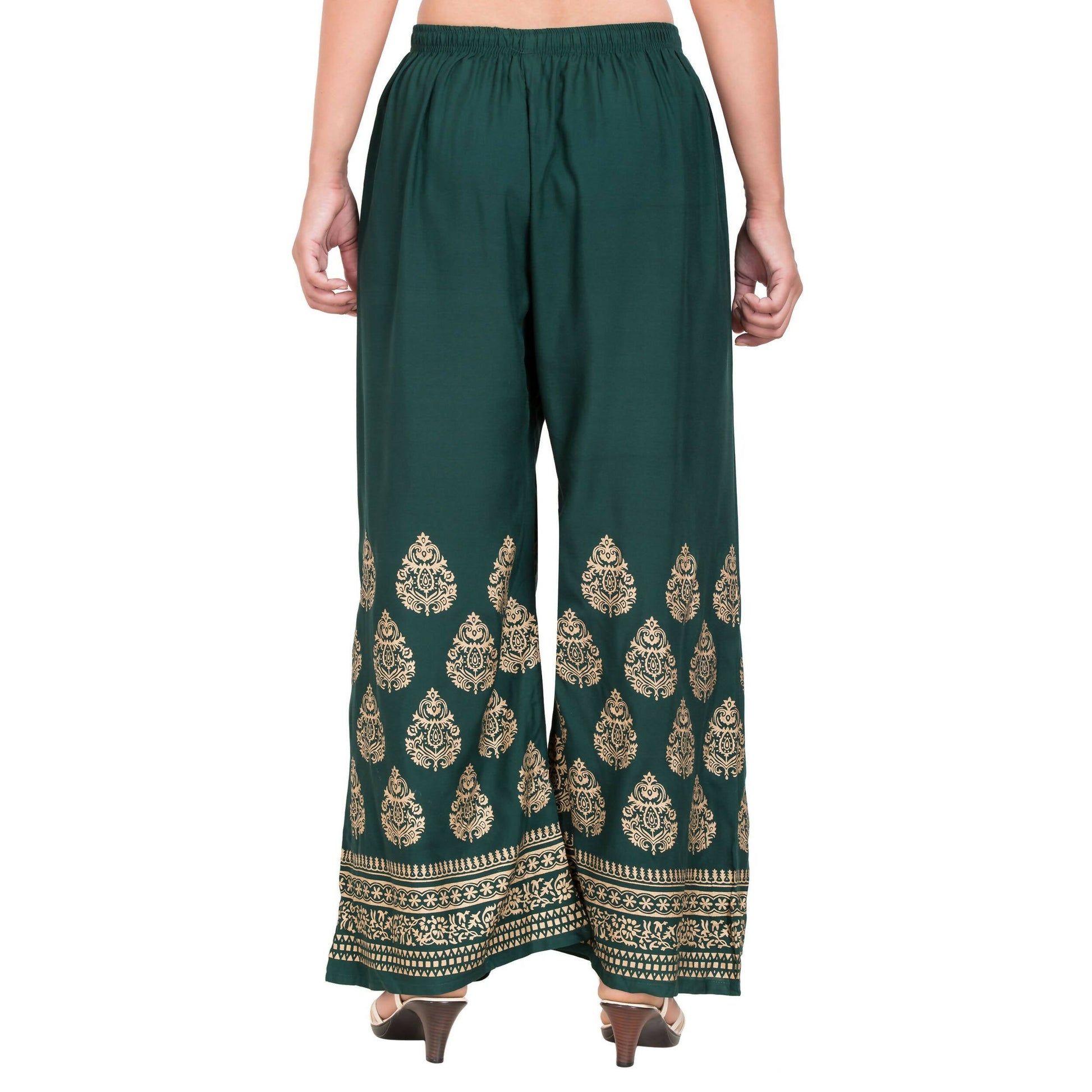 PAVONINE Bottle Green Color Golden Printed Rayon Fabric Sharara For Women & Girls