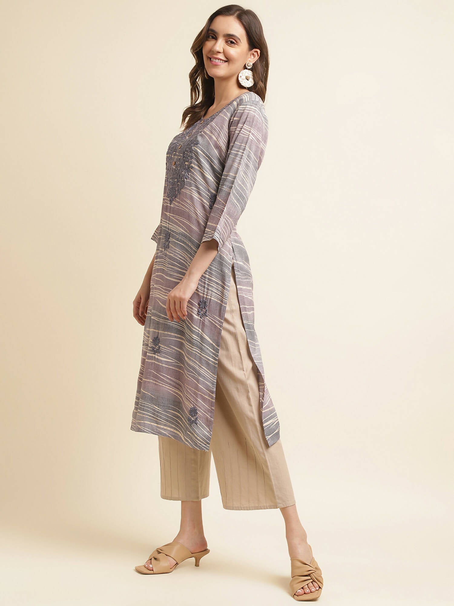 Grey Poly Rayon Stripe Printed Straight Fit Kurta - Prasuti