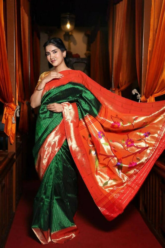 Very Much Indian Triple Muniya Border Paithani- Authentic Handloom Pure Silk With Parrots Pallu - Zari Stripes - Grab2buy