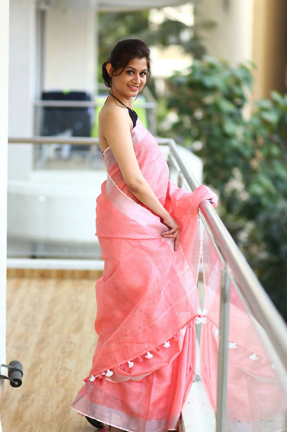 Very Much Indian Pure Linen Saree With Sleek Border And Exclusive Design - Peach - Grab2buy