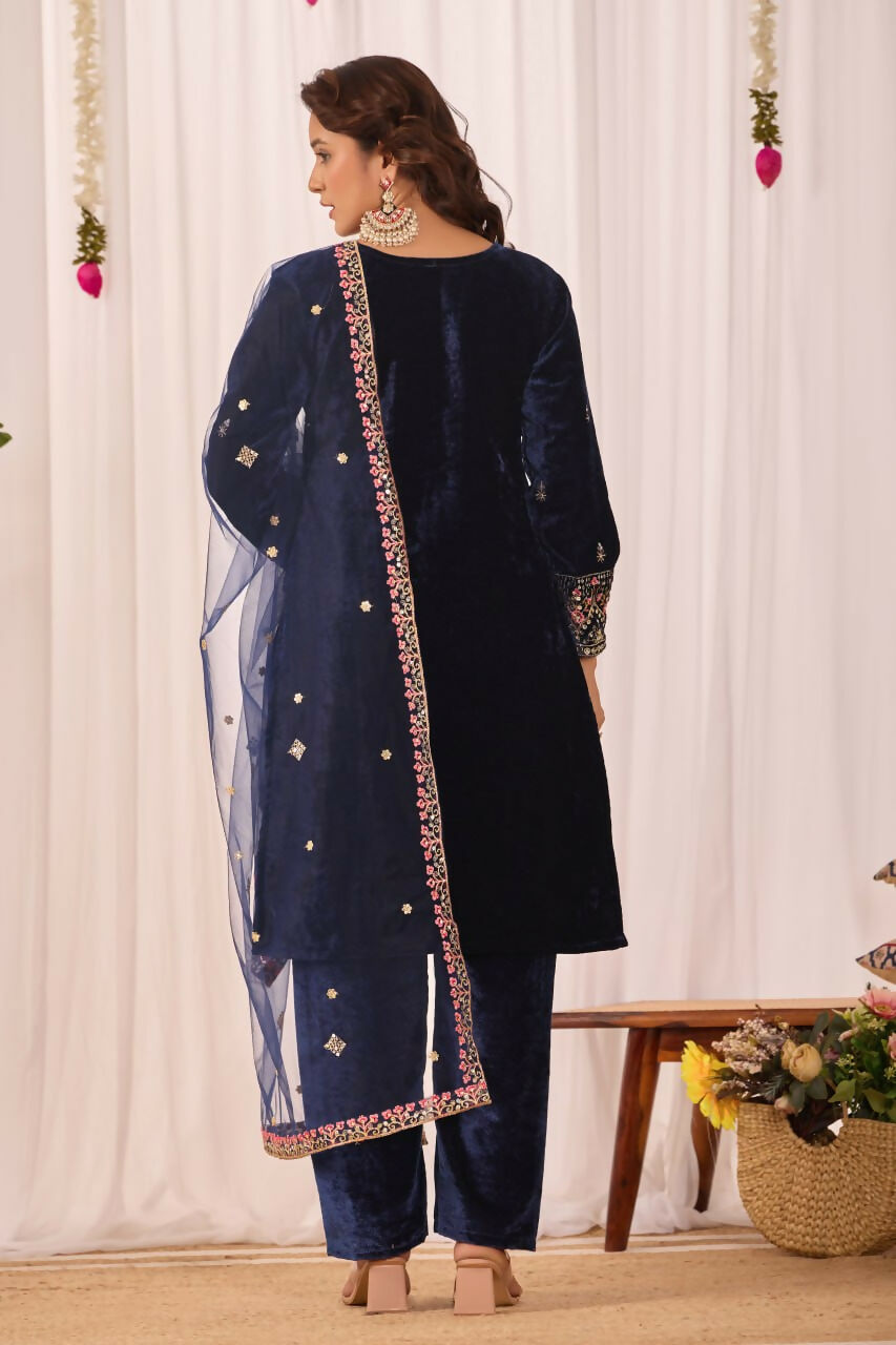Joban Fashion Blue Velvet Embroidery Sequence Work Readymade Kurta Set