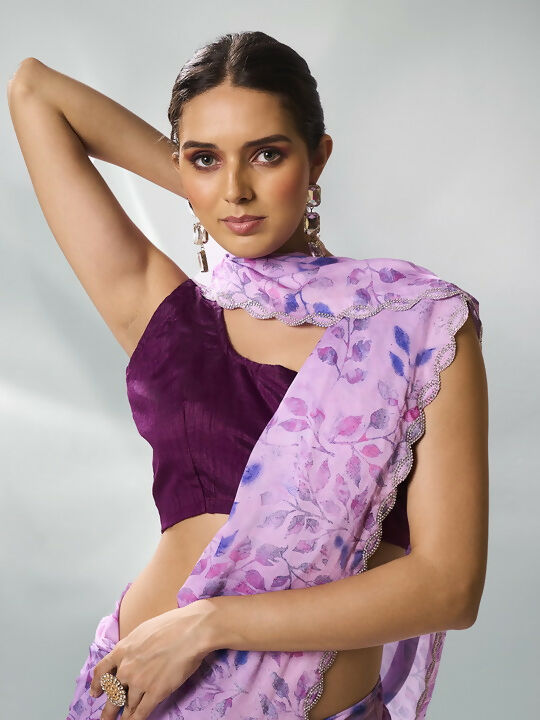 Lavender Satin Georgette Designer Printed Saree - Shezlin