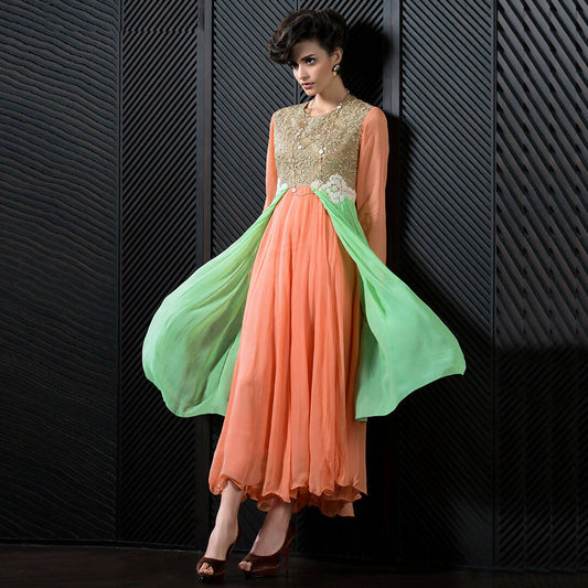 Orange Georgette Floral Embroidered A-line Kurti - Missy