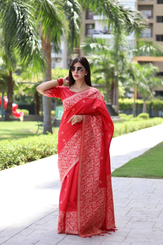 Aastha Fashion Red Woven Handloom Raw Silk Saree with Blouse - Grab2buy