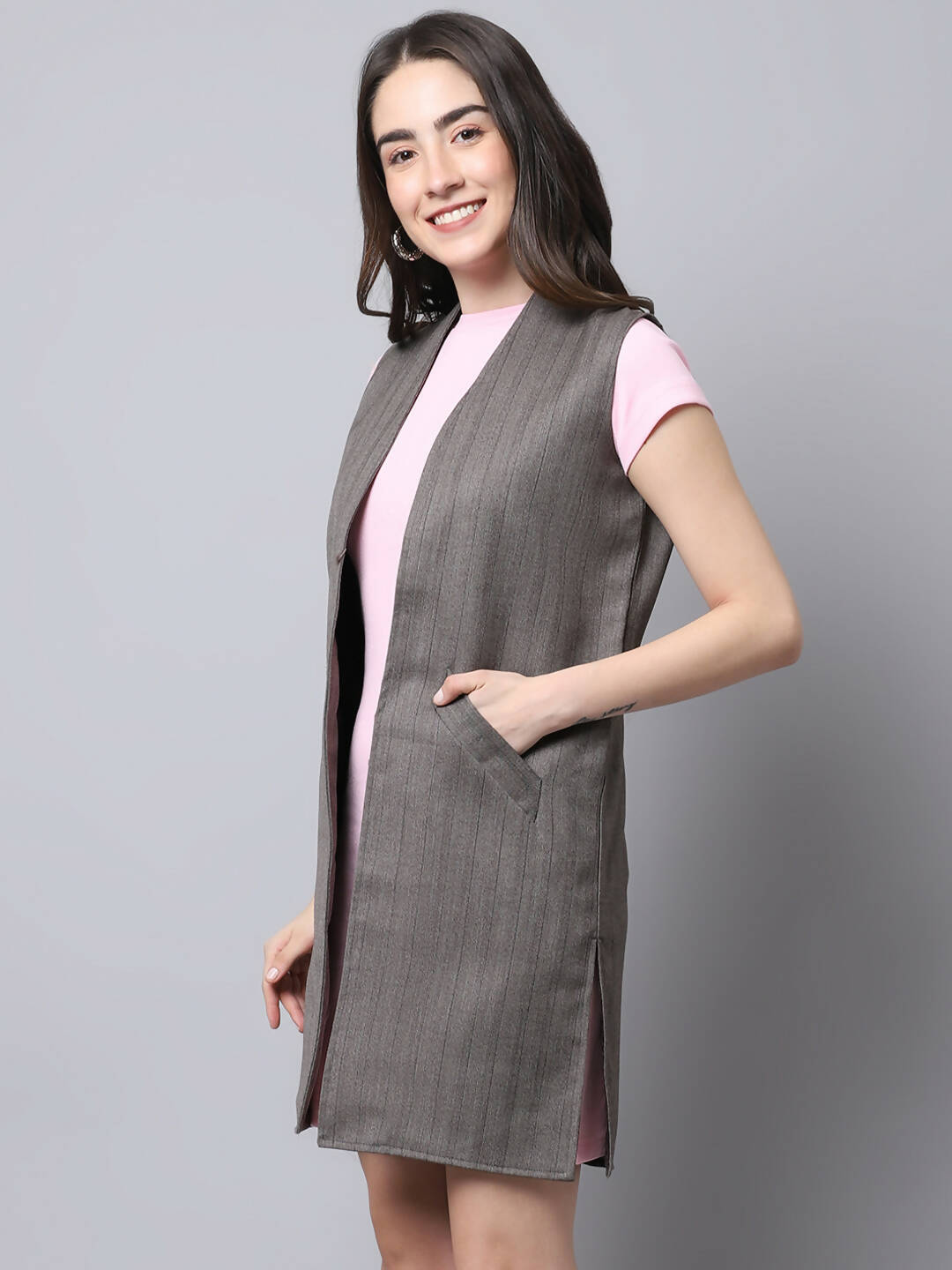 Even Apparels Brown Polywool Open Front Women's Long Coat BF656