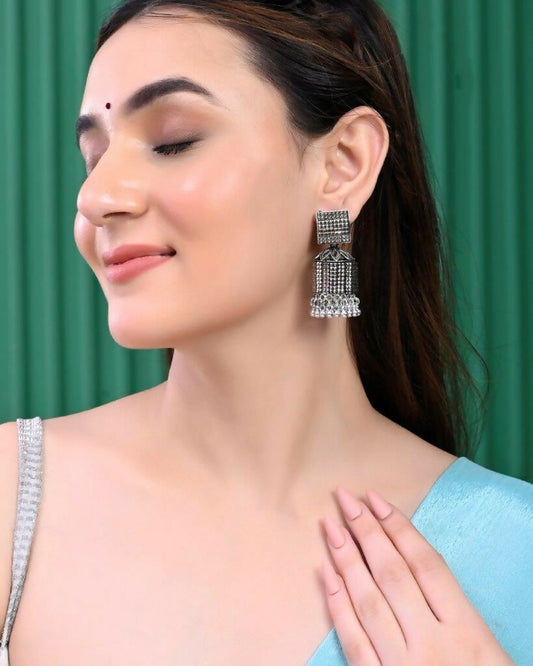 VOJ Black-Toned AD Studded Square Dome Shaped Jhumka Earrings - Grab2buy