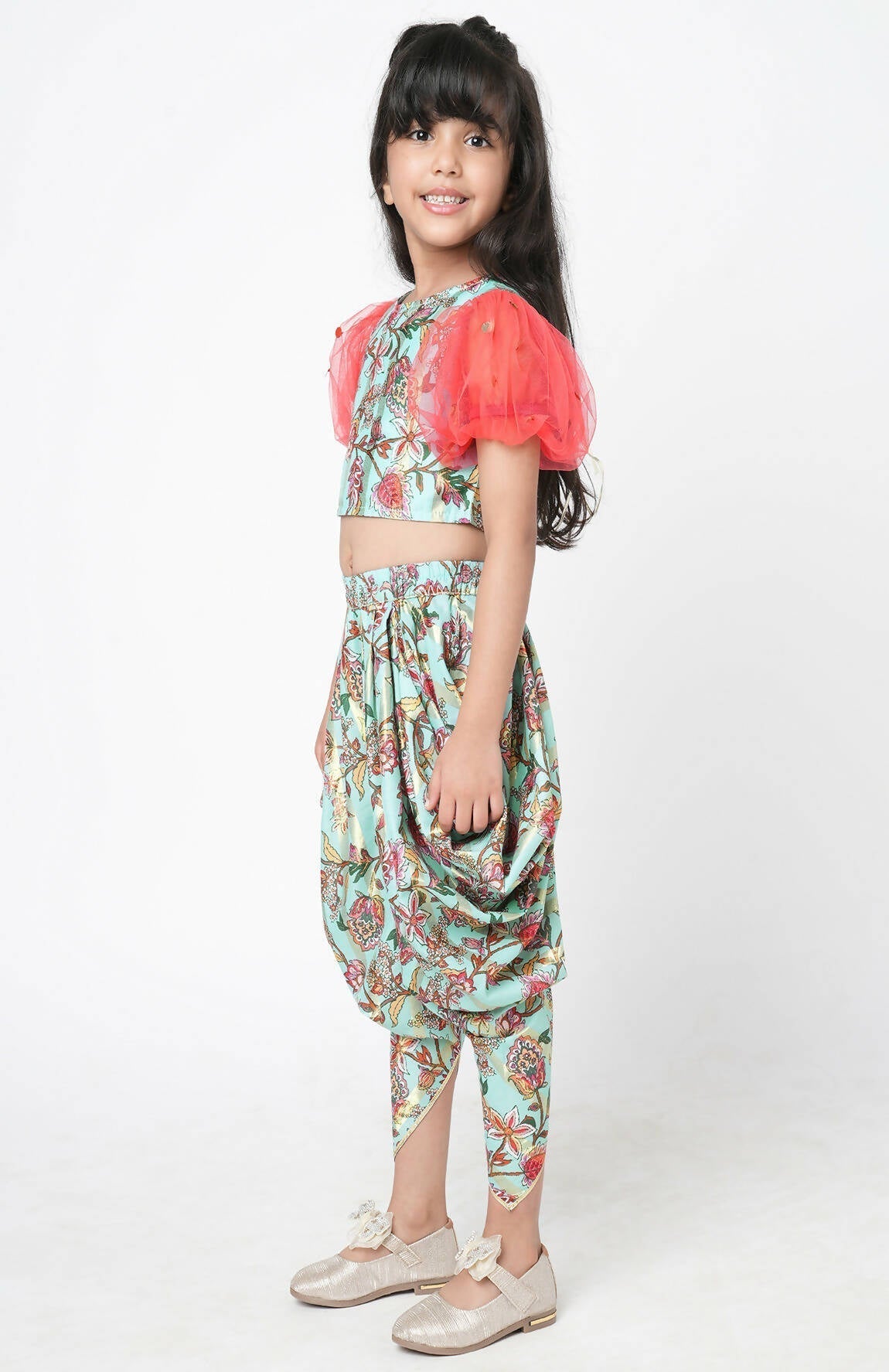 Lil Drama Golden Weaves Blue Crop Top With Dhoti Co-Ordinate Set 