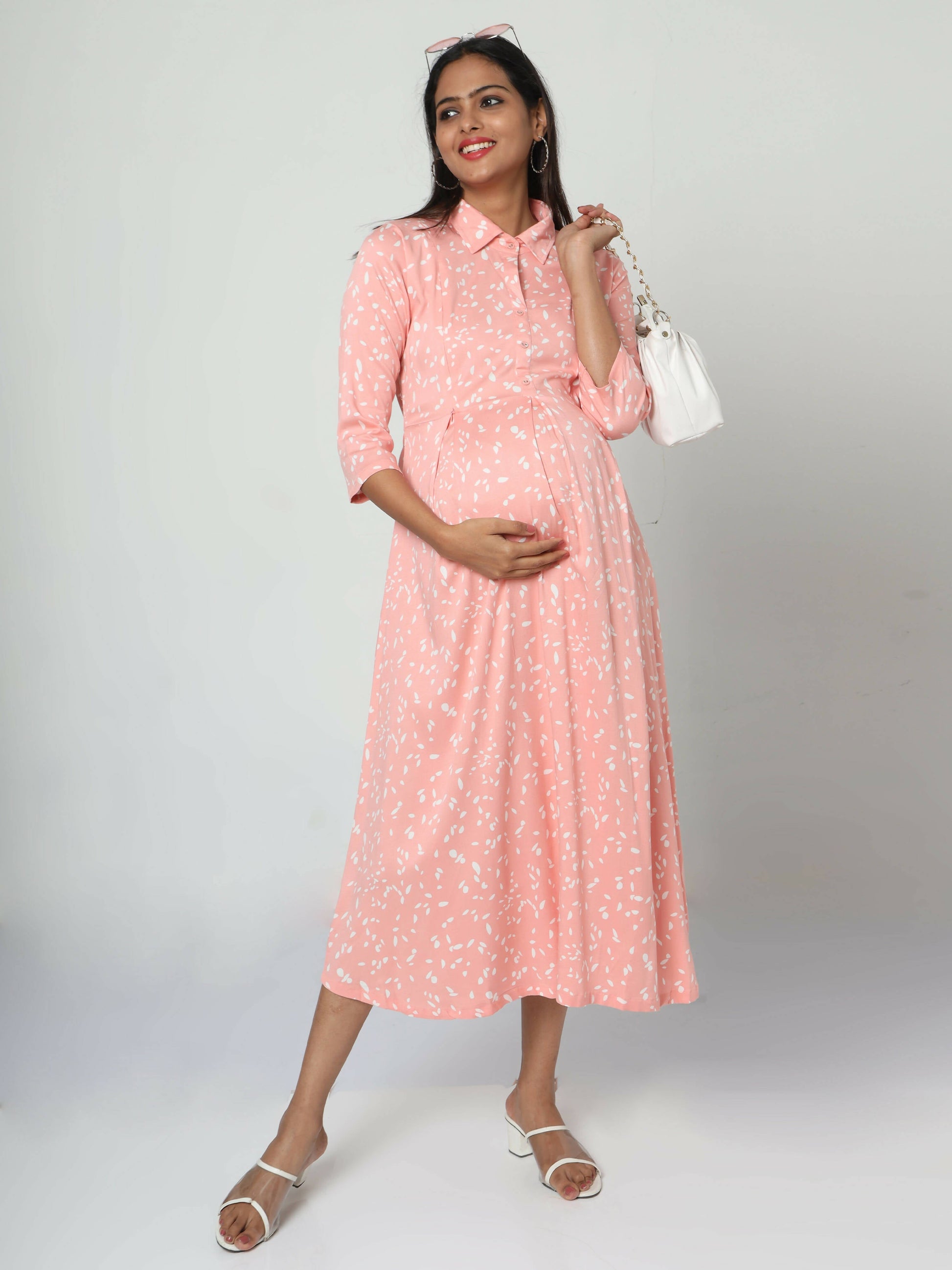 Manet Three Fourth Maternity Dress White Dot Print With Concealed Zipper Nursing Access - Pink