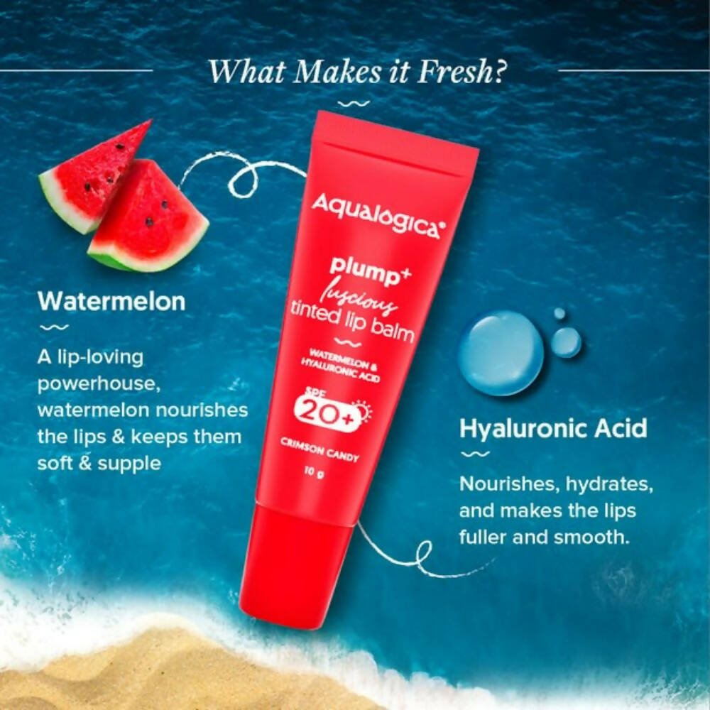 Aqualogica Crimson Candy Plump+ Luscious Tinted Lip Balm with Watermelon and Hyaluronic Acid, SPF 20+ 