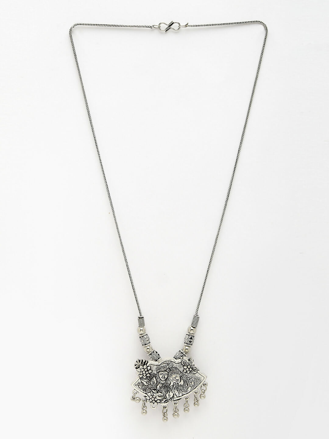 NVR Women's Silver-Toned Radha Krishna Pendant with Chain 