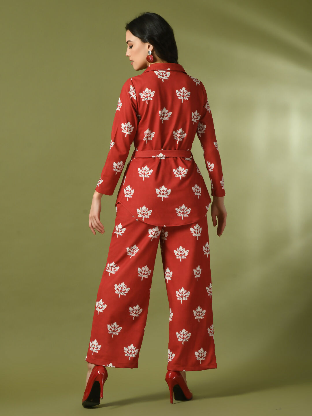 Myshka Women's Rust Printed Polo Collar Party Top With Trousers Co-ord set 
