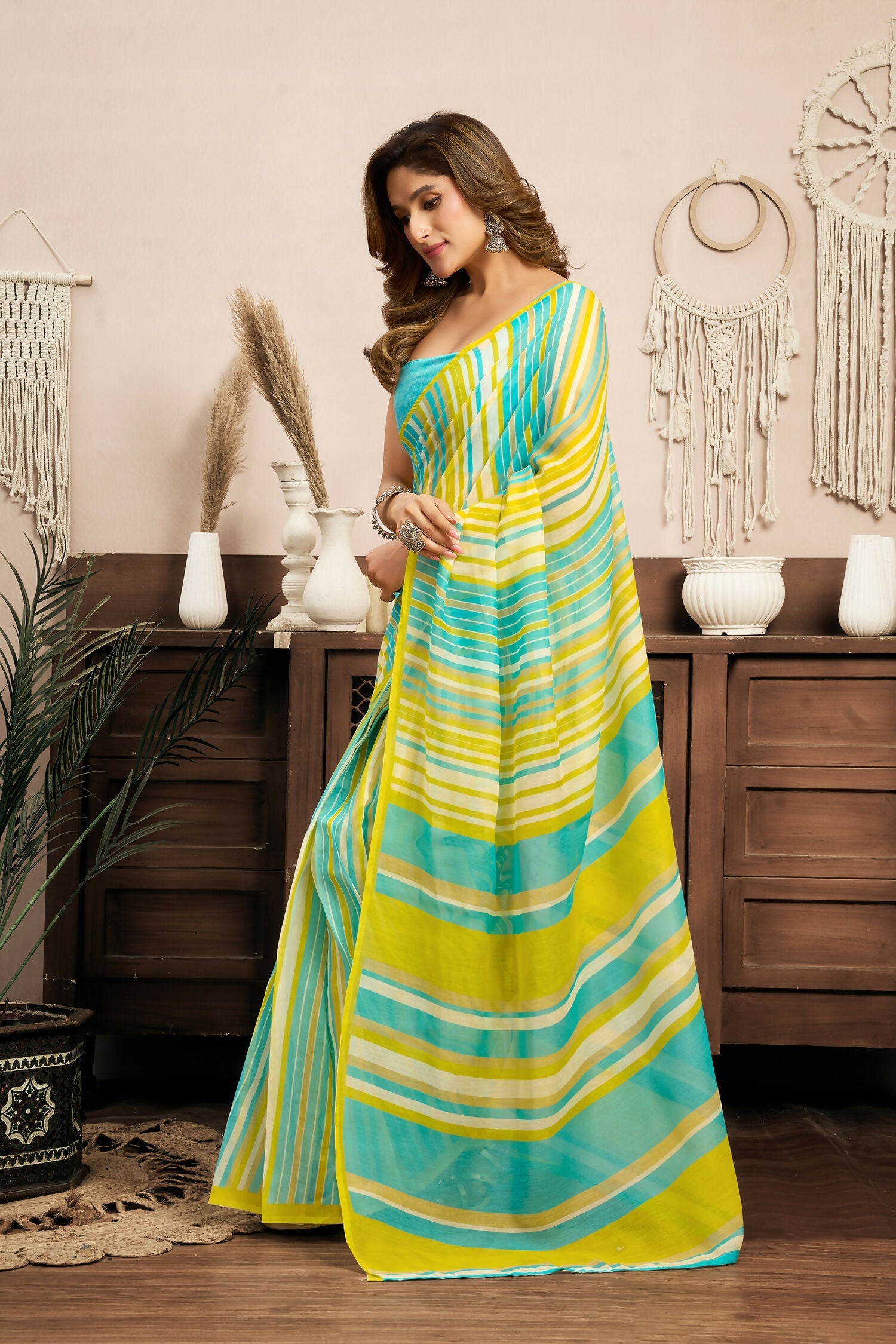 Joban Fashion Yellow Striped (Leheriya) Linen Ready To Wear Saree With Unstitched Blouse