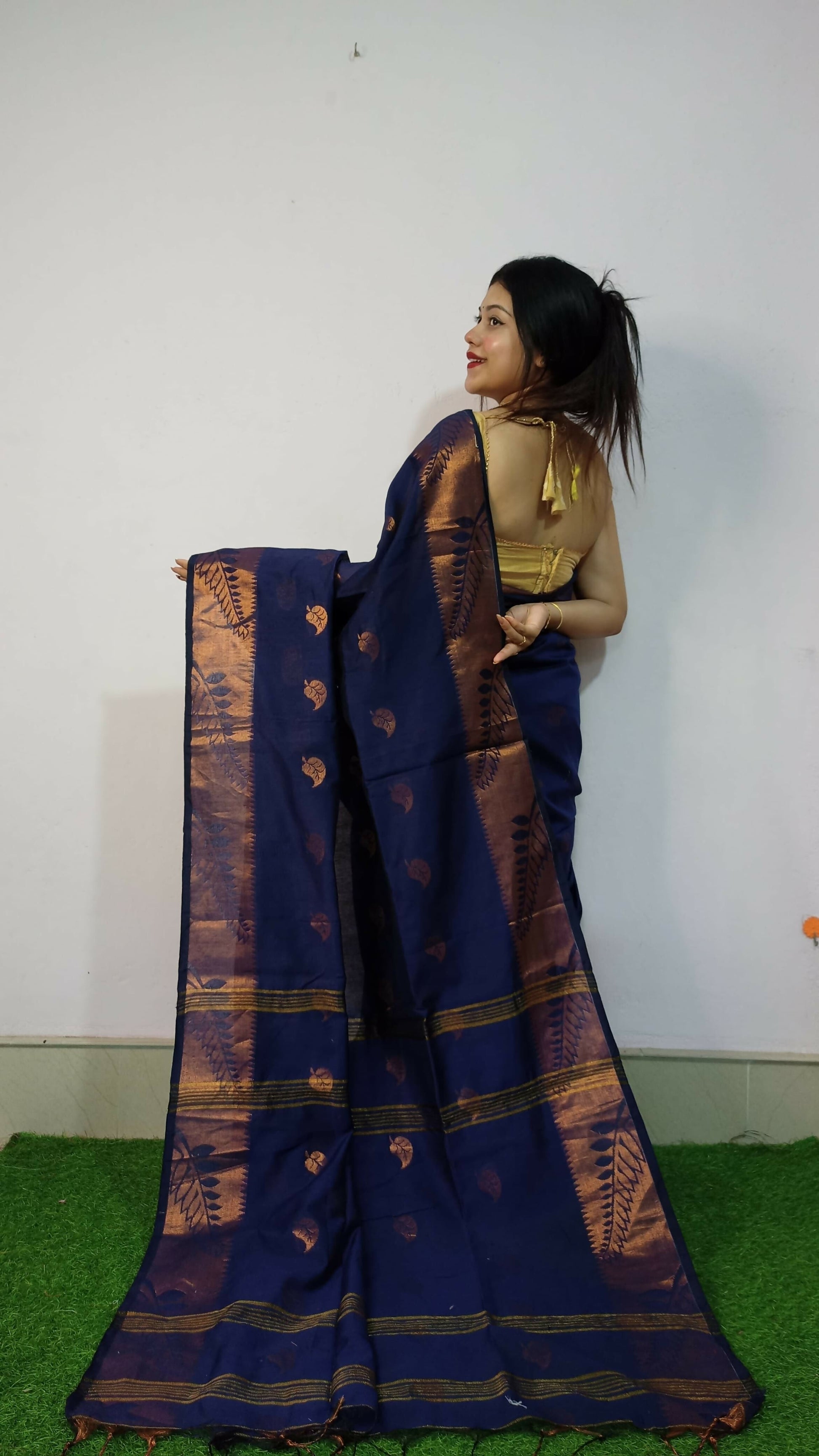 Exclusive Collection Beautiful Navy Blue Cotton Silk Woven Handloom Grab2Buy With Running Blouse Piece 
