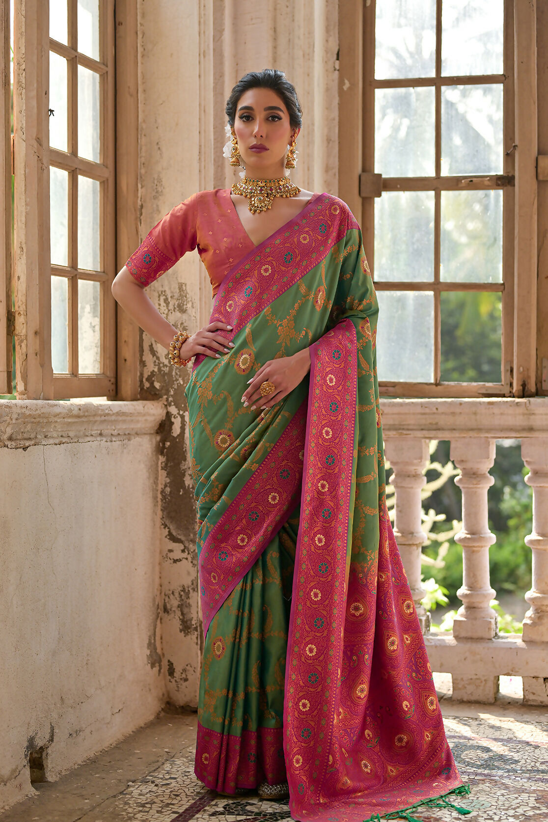 Vishnu Weaves Women's Pista Banarasi Silk Zari Woven Grab2Buy with Blouse 