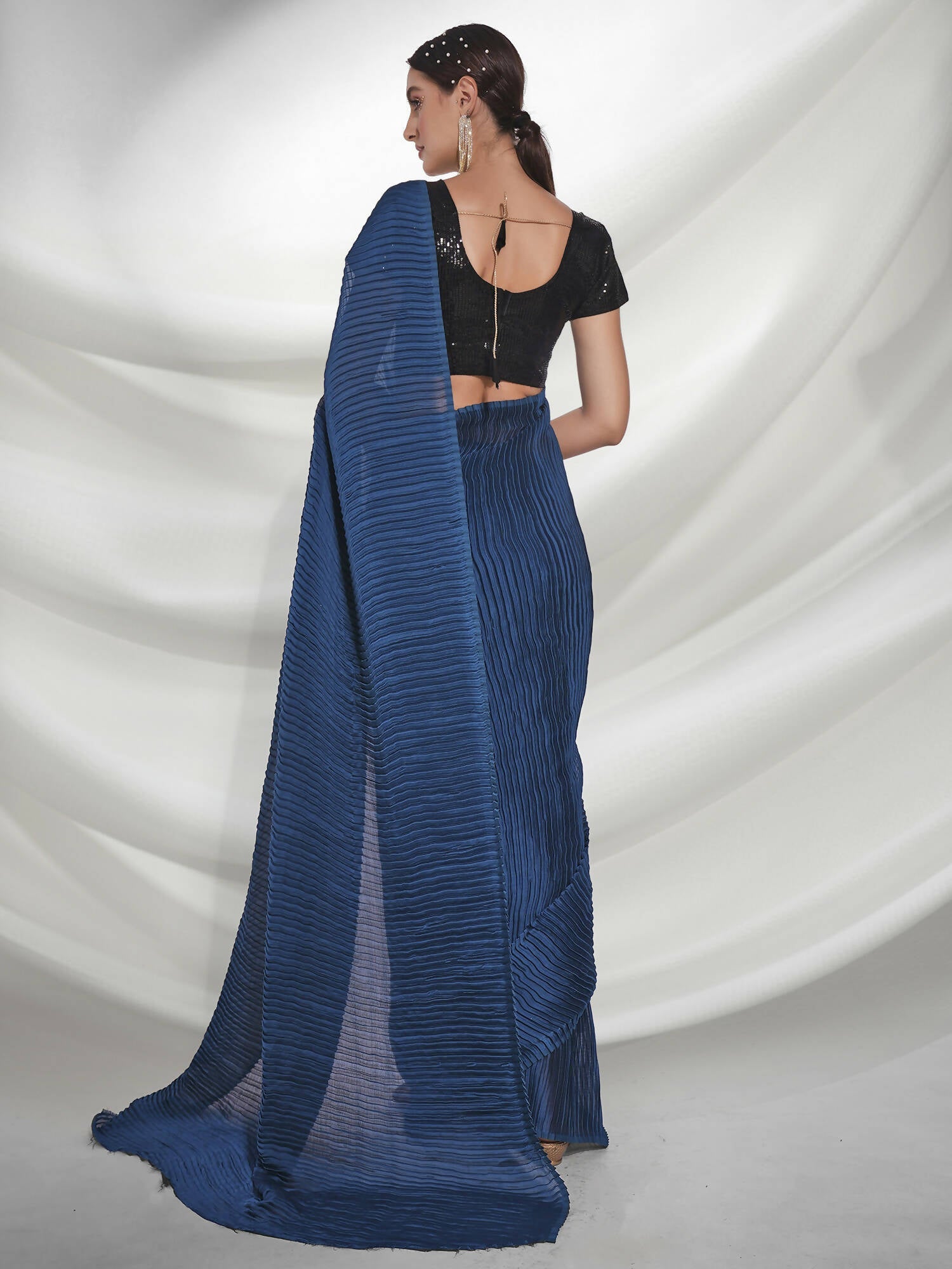 Teal Georgette Solid Texture Saree With Unstitched Blouse Piece - Rajal