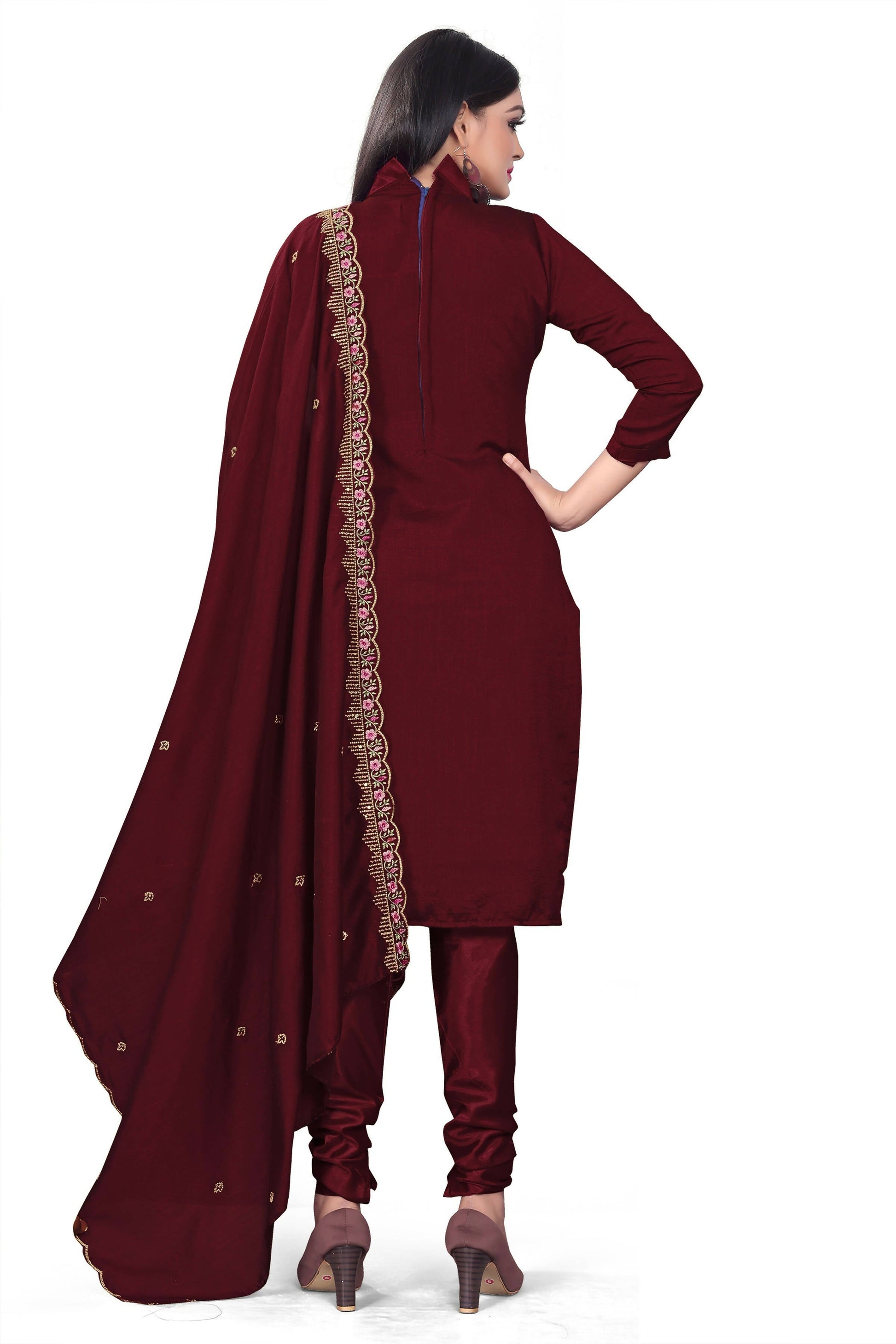 Maroon Silk Embroidered with Sequins work Unstitched Dress Material - Tanvi