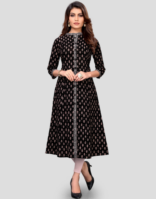 NOZ2TOZ Women's Black Color Cotton Flared Kurta (1Pc)