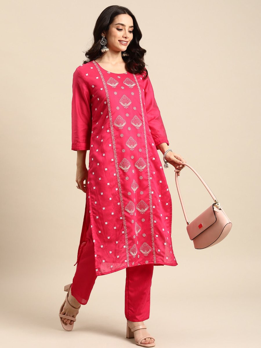 All About You Ethnic Motifs Embroidered Chanderi Silk Kurta with Trousers