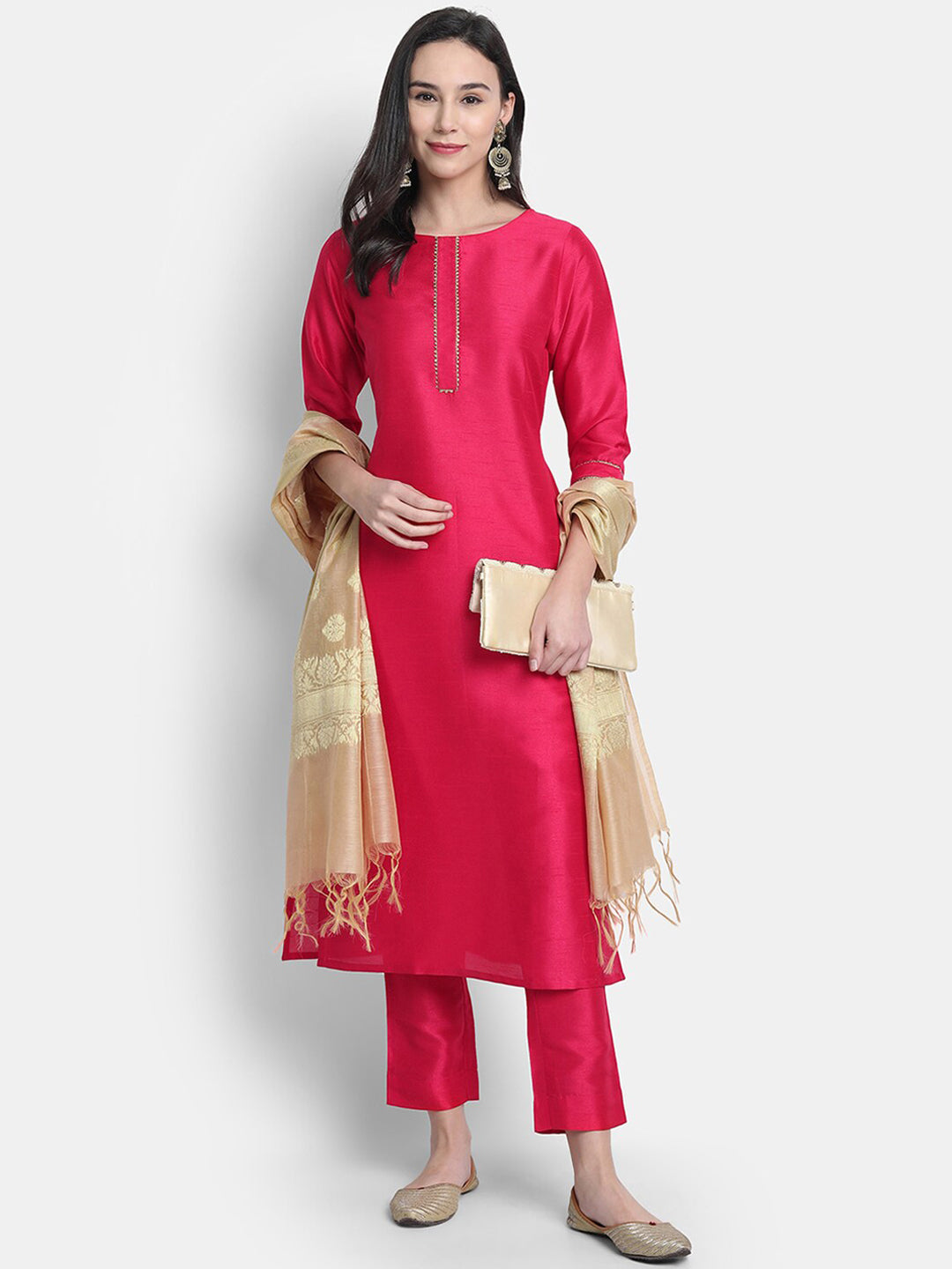 Janasya Women Pink Kurta with Trousers & With Dupatta