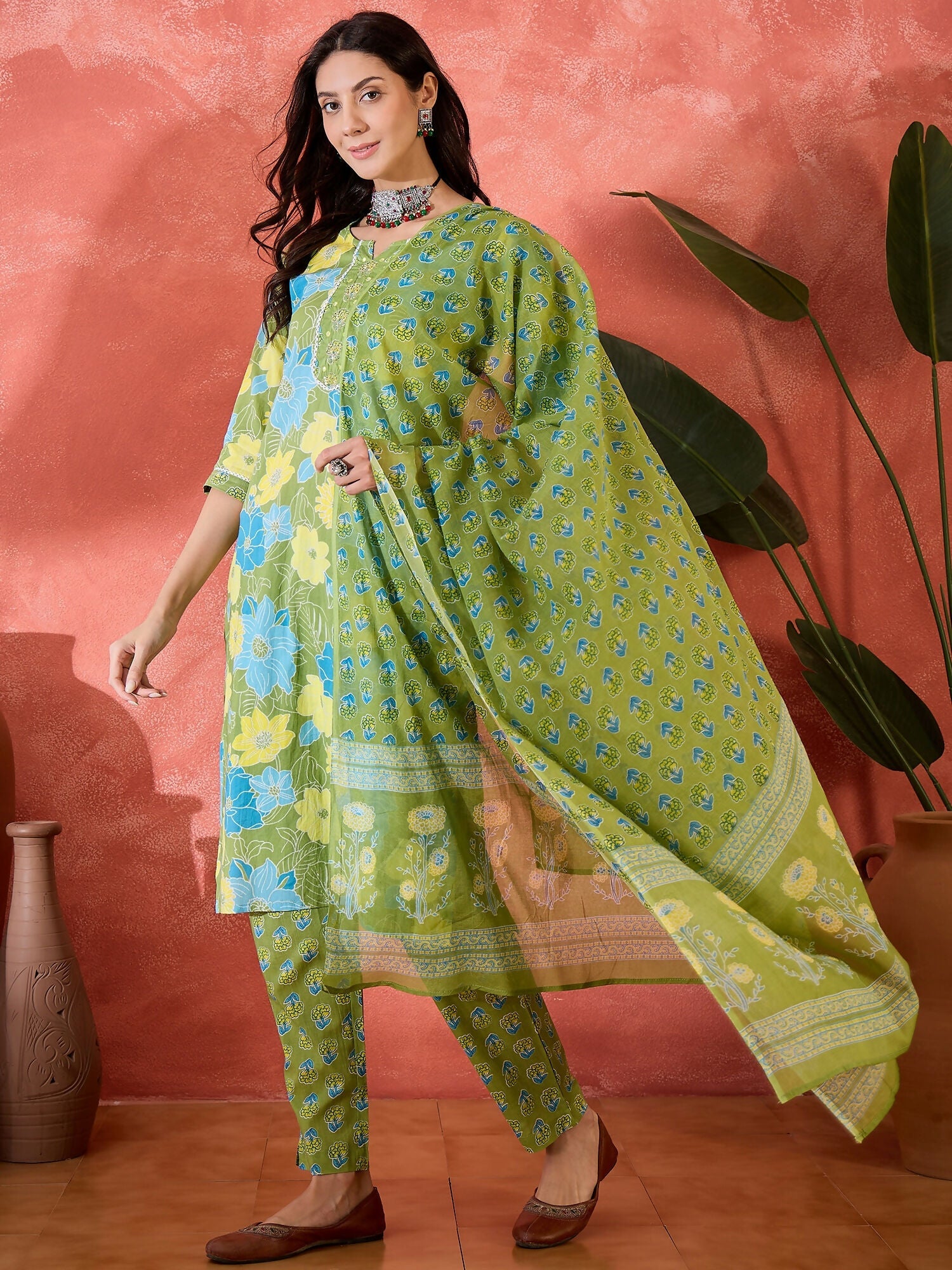Joban Fashion Printed Green Pure Cotton Kurta Set