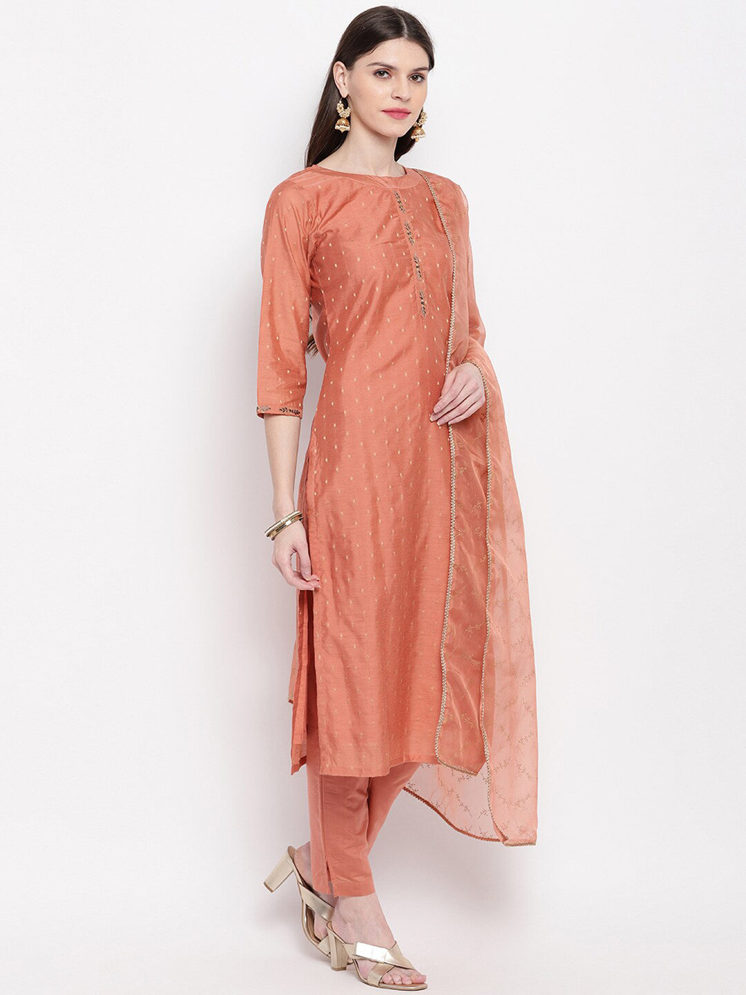 Janasya Women Peach-Coloured Self Design Kurta with Trousers & Dupatta