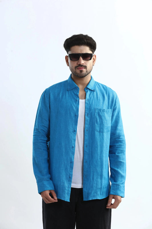 Xkind Blue 100% Pure Linen Button Down Casual Shirt  Grab2Buy Xkind Grab2Buy