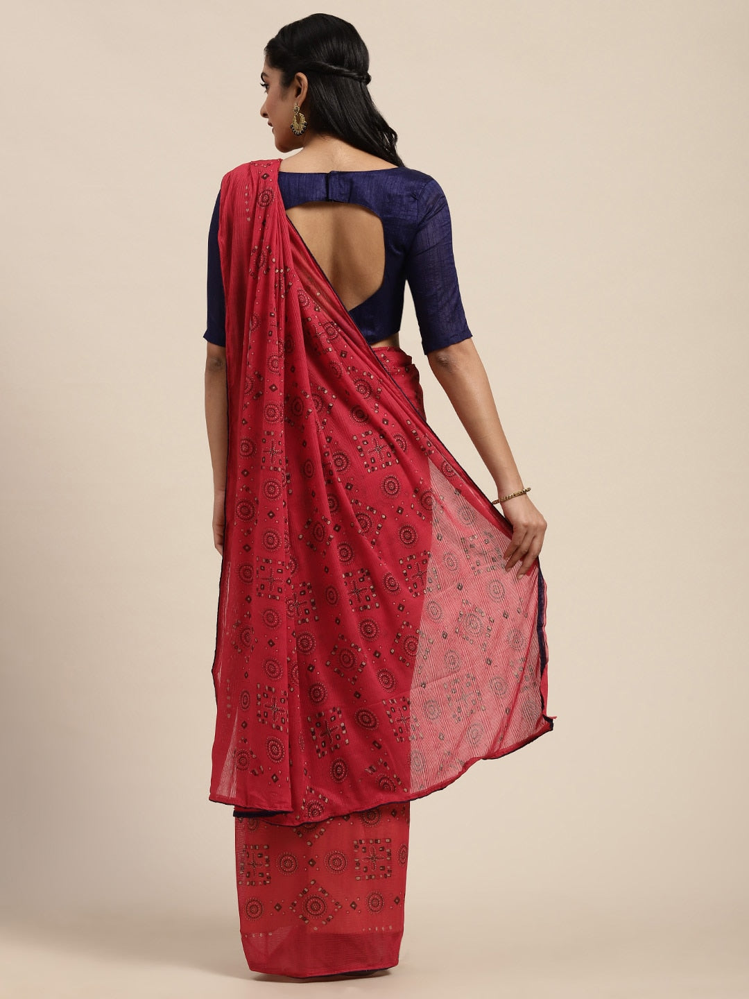 Saree Mall Red Pure Chiffon Tribal Print Bandhani Saree