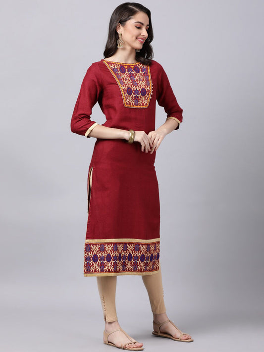 Souchii Maroon & Yellow Thread Work Grandeur & Majestic Artwork Cotton Kurta 