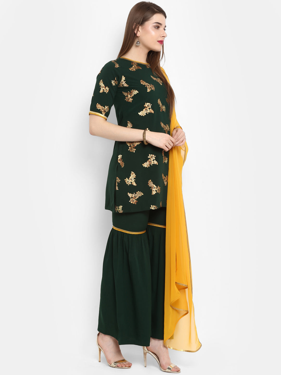 Janasya Women Green & Orange Printed Kurta with Sharara & Dupatta