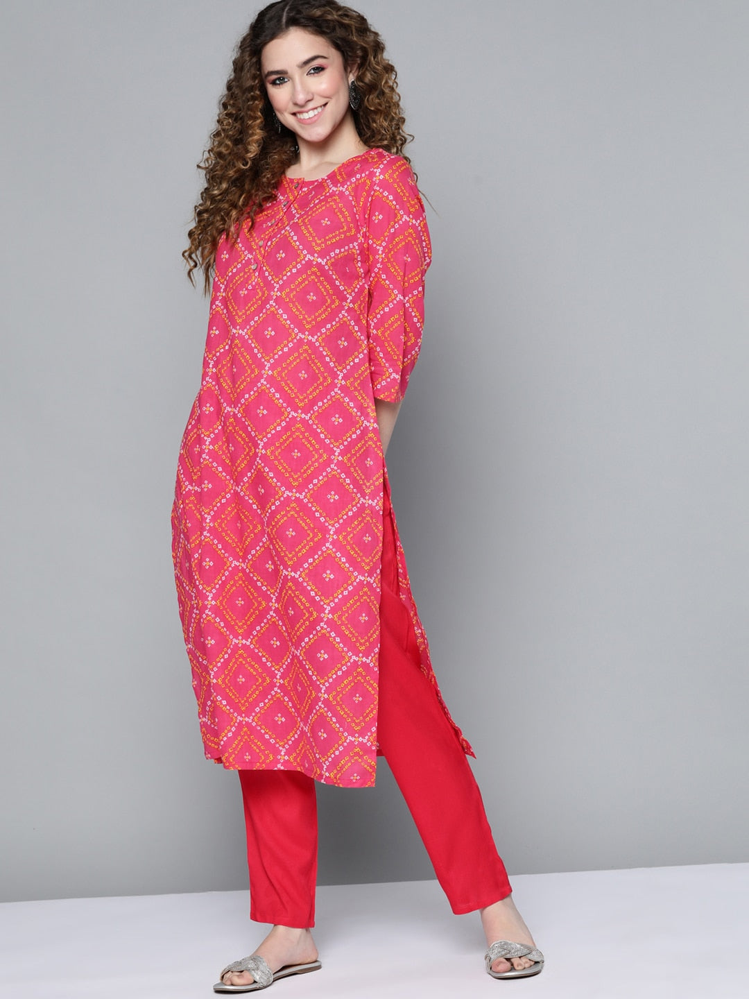 HERE&NOW Women Pink & White Bandhani Printed Kurta