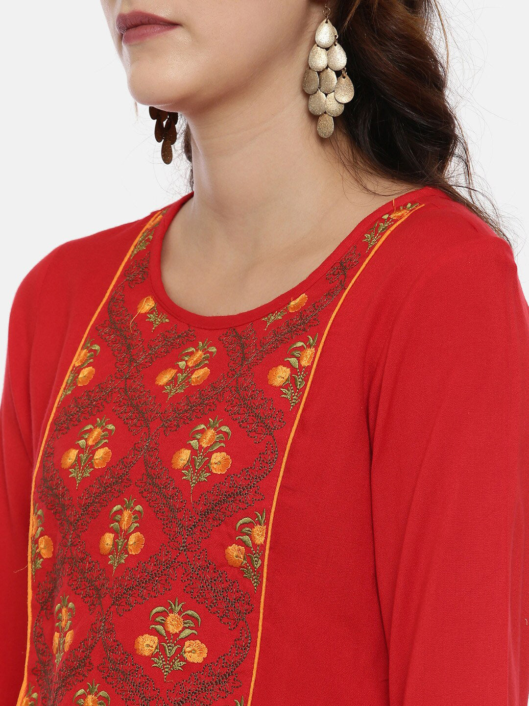Souchii Women Red & Yellow Floral Yoke Design Kurta 