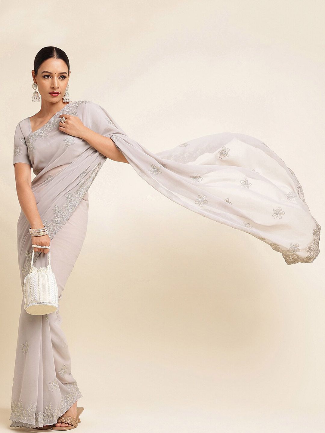 kasee Floral Embroidered Poly Gerogette Saree