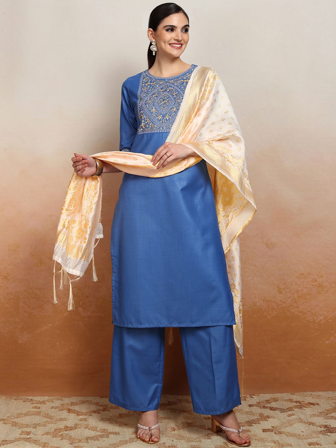 Vishudh Embroidered Straight Kurta With Palazzo & Dupatta | Grab2Buy