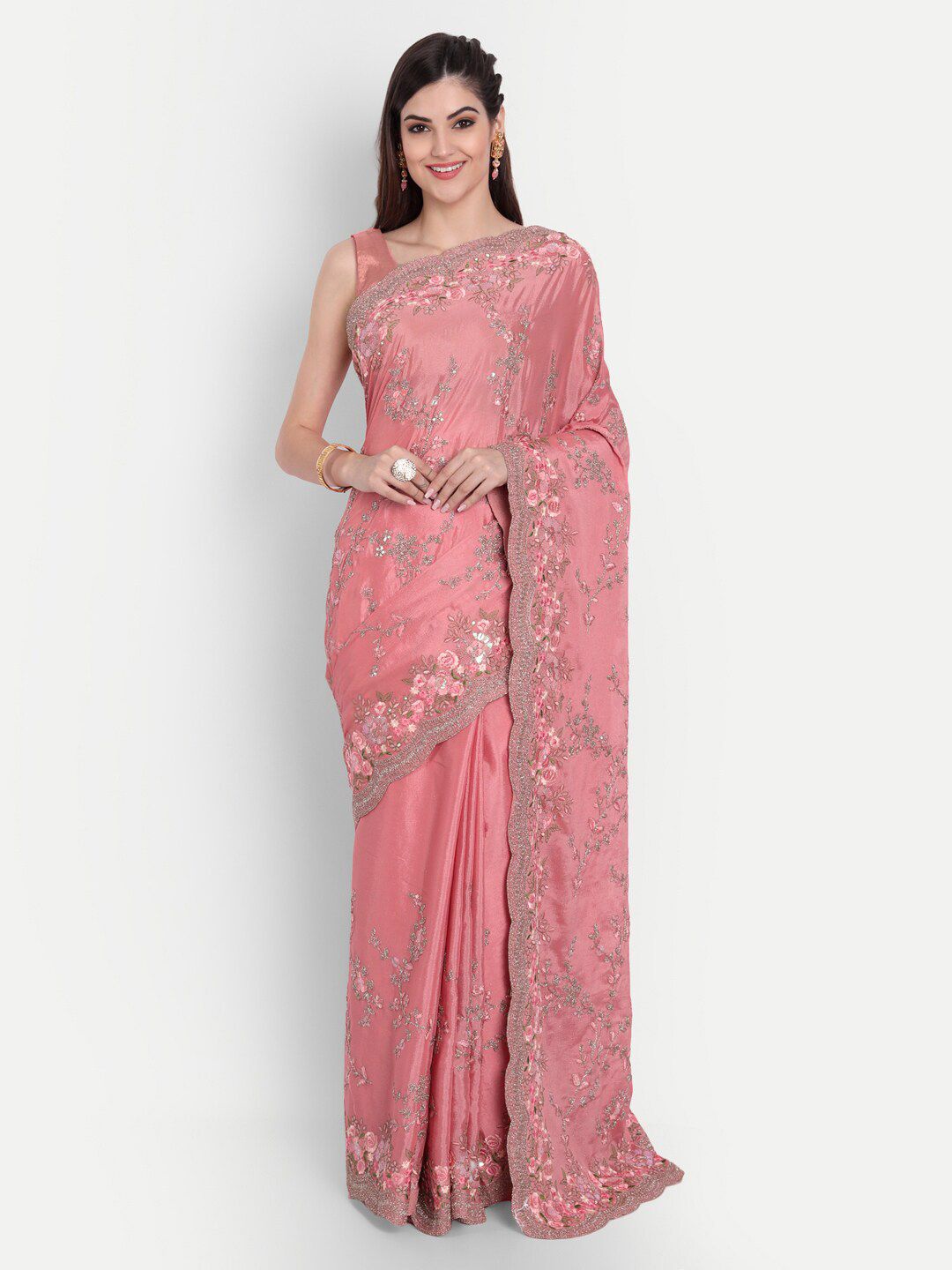kasee Pink & Green Floral Sequinned Pure Chiffon Saree