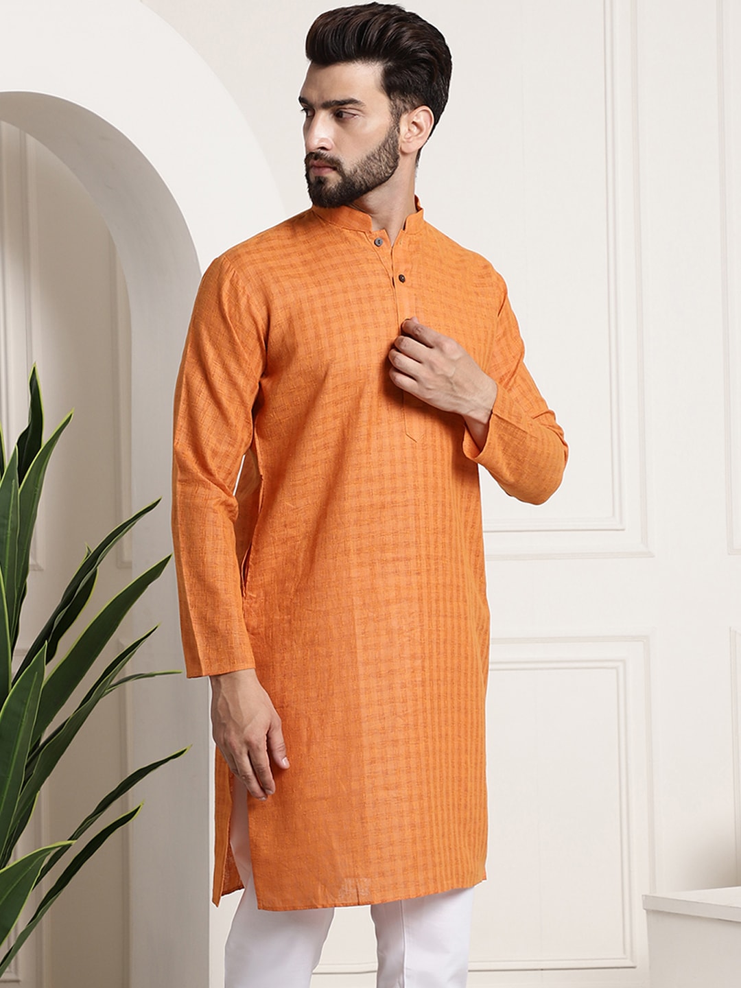 Sojanya Men Orange Dobby Self-Checked Straight Kurta 