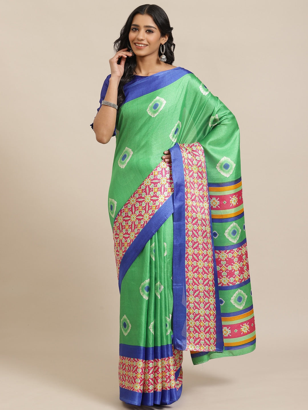 Saree Mall Green & White Printed Saree